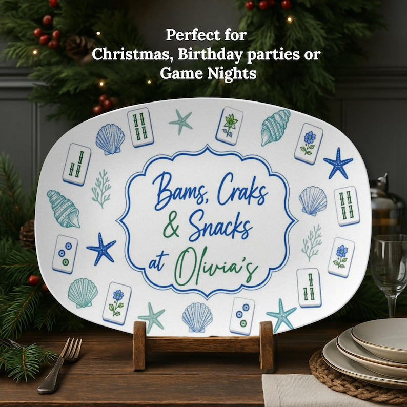 Personalized Mahjong Platter, Bams Craks & Snacks Custom Serving Tray, Grandmillennial Game Night