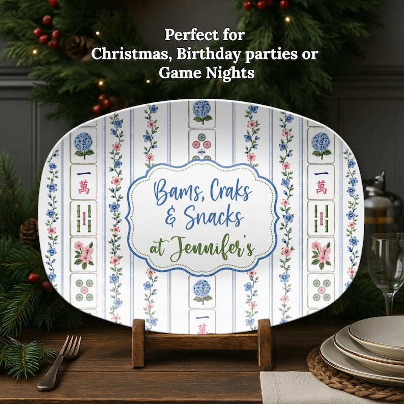Personalized Mahjong Platter, Bams Craks & Snacks Custom Name Oval Serving Tray, Floral Game Night Mahj Girls Party Decor