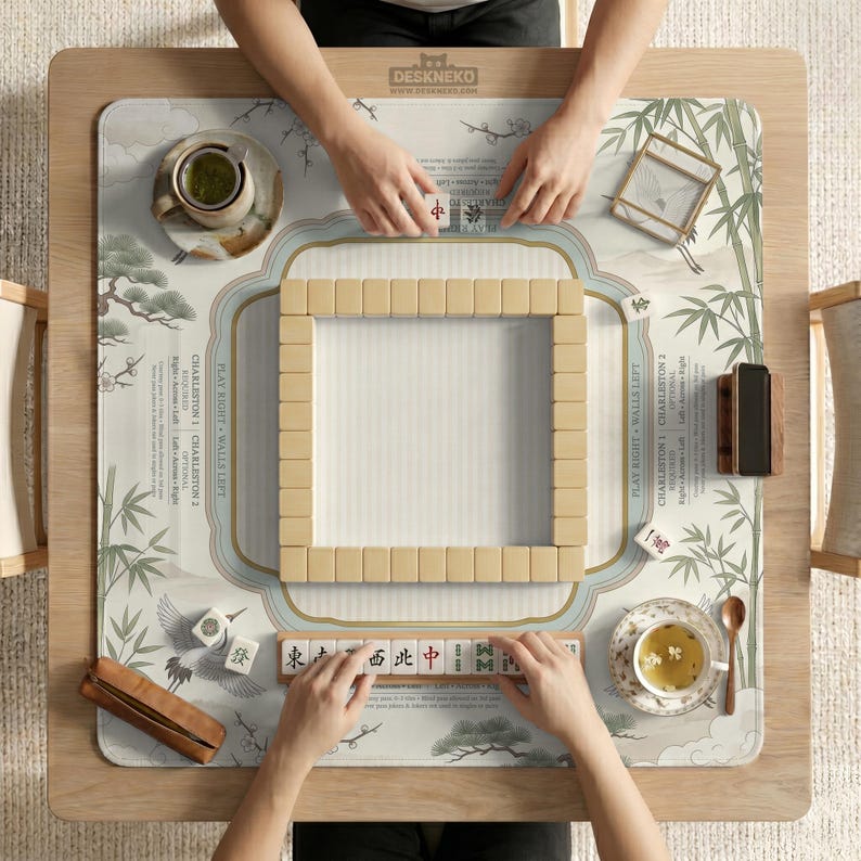 Sage Chinoiserie Mahjong Mat With Rules, American Mahjong Table Mat, Crane Bamboo Game Mat, Charleston Guide