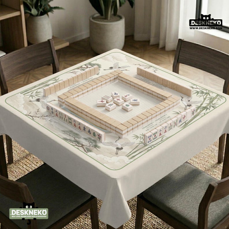 Sage Chinoiserie Mahjong Mat With Rules, American Mahjong Table Mat, Crane Bamboo Game Mat, Charleston Guide