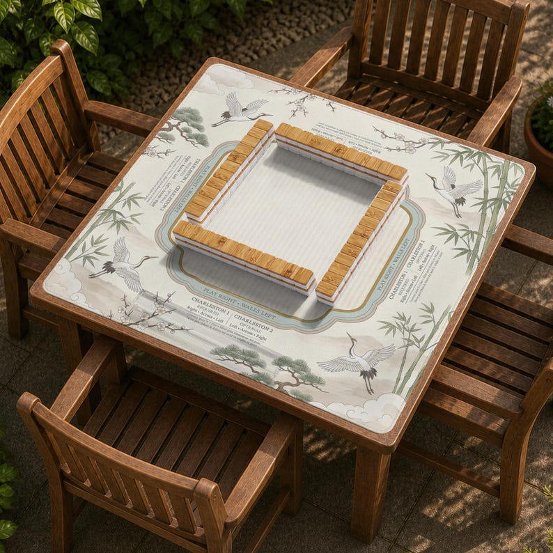 Sage Chinoiserie Mahjong Mat With Rules, American Mahjong Table Mat, Crane Bamboo Game Mat, Charleston Guide