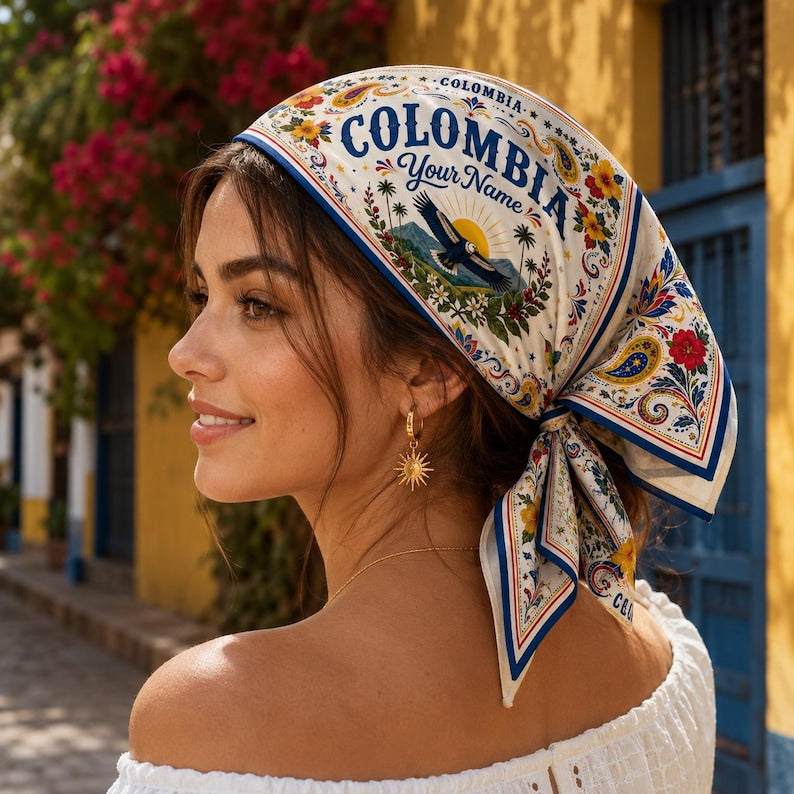 Custom Colombia Scarf, Personalized Floral Bandana, Colombia Soccer Festival, Country Travel Scarf