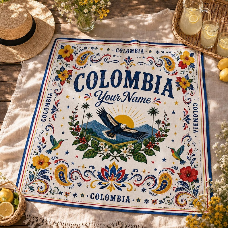 Custom Colombia Scarf, Personalized Floral Bandana, Colombia Soccer Festival, Country Travel Scarf