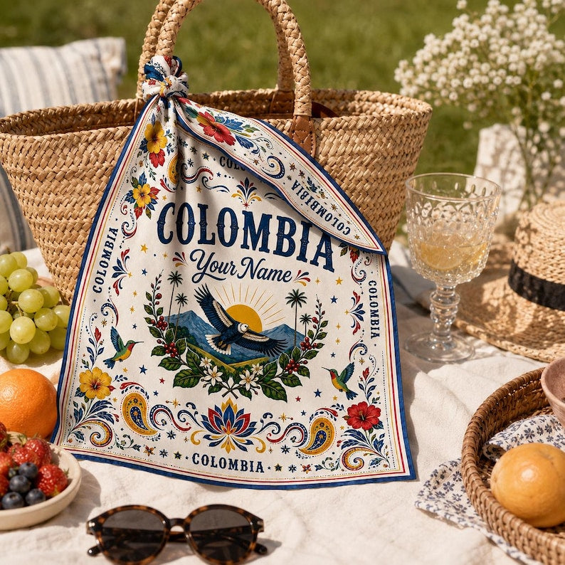 Custom Colombia Scarf, Personalized Floral Bandana, Colombia Soccer Festival, Country Travel Scarf