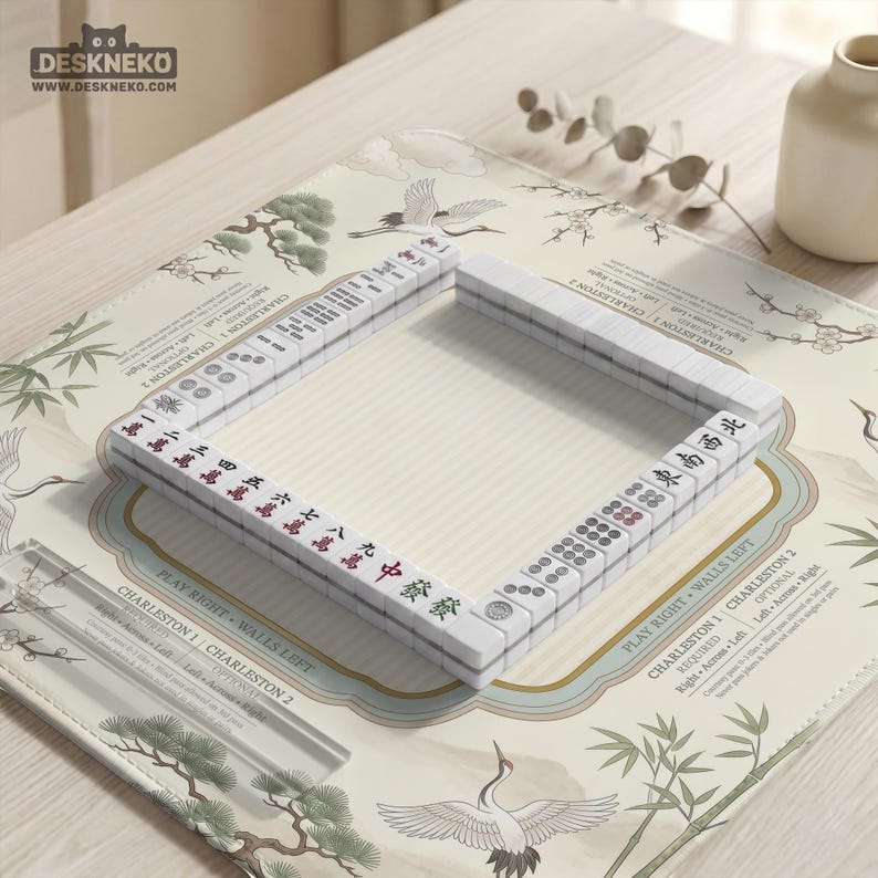 Sage Chinoiserie Mahjong Mat With Rules, American Mahjong Table Mat, Crane Bamboo Game Mat, Charleston Guide
