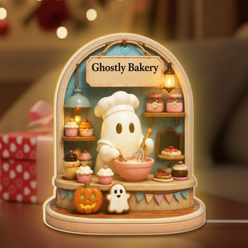 Ghostly Bakery Night Light Box, Cute Baking Ghost Lamp, Kitchen Decor Gift, Spooky Sweet Shop Diorama, Baker Lover Decor