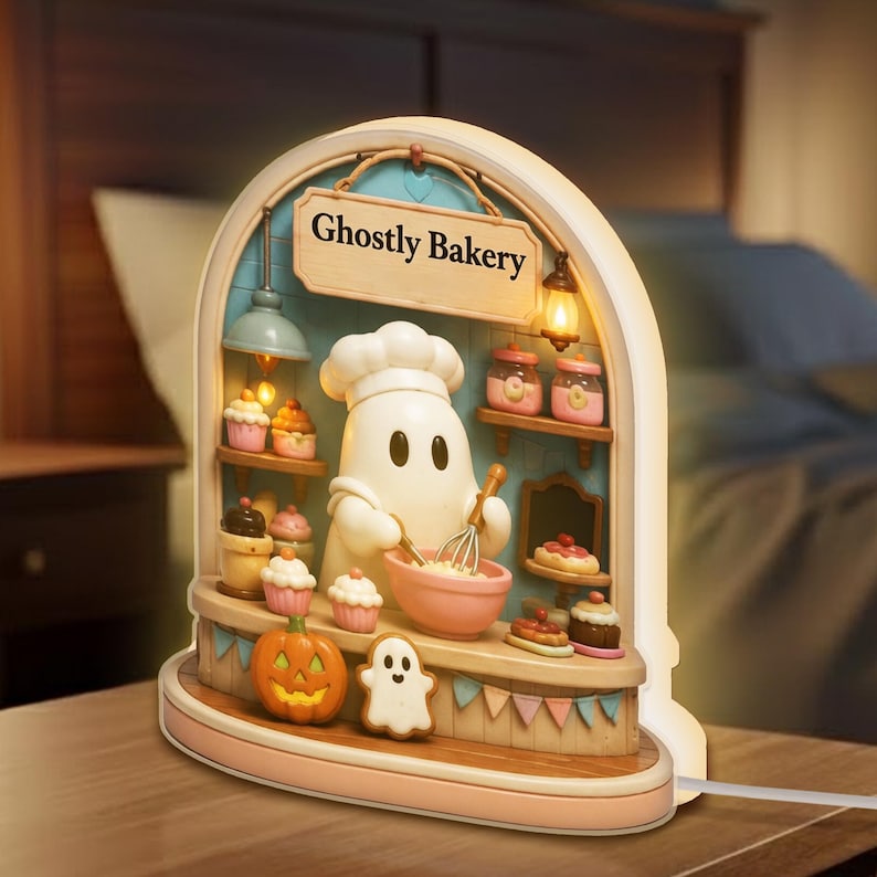 Ghostly Bakery Night Light Box, Cute Baking Ghost Lamp, Kitchen Decor Gift, Spooky Sweet Shop Diorama, Baker Lover Decor