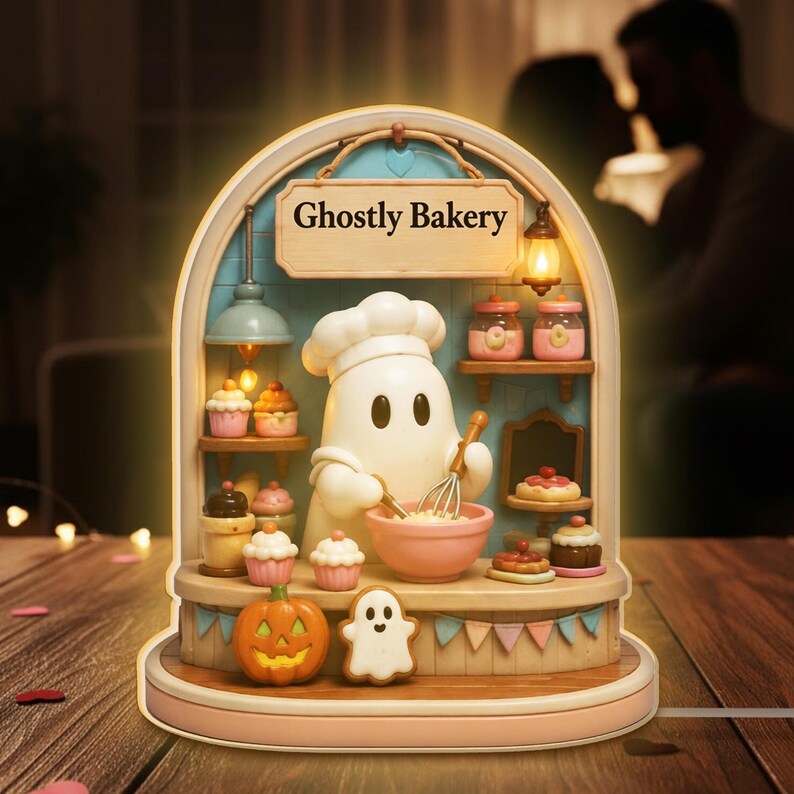 Ghostly Bakery Night Light Box, Cute Baking Ghost Lamp, Kitchen Decor Gift, Spooky Sweet Shop Diorama, Baker Lover Decor
