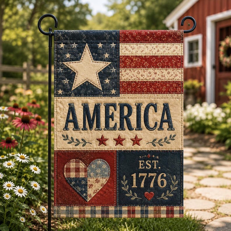 FLAT FLAG Americana Faux Quilt Garden Flag, Rustic Red White Blue Porch Decor