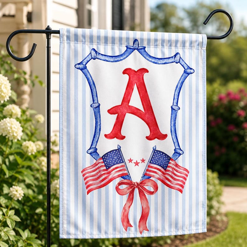 Personalized Initial Garden Flag, Patriotic Red White Blue Monogram Yard Flag