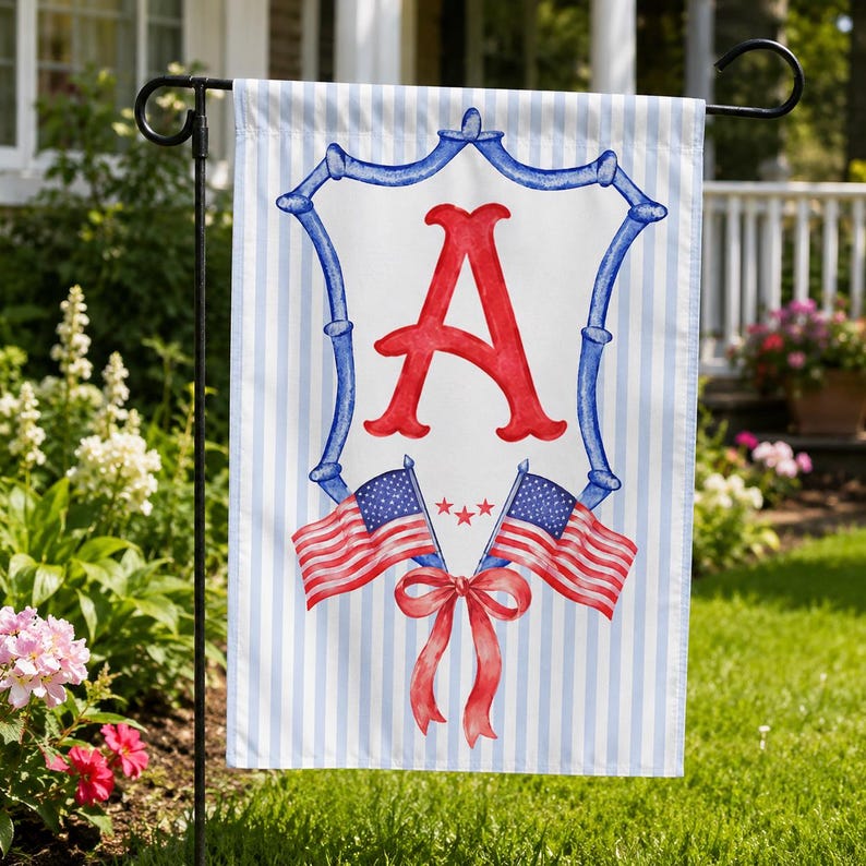Personalized Initial Garden Flag, Patriotic Red White Blue Monogram Yard Flag