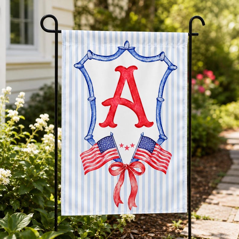 Personalized Initial Garden Flag, Patriotic Red White Blue Monogram Yard Flag