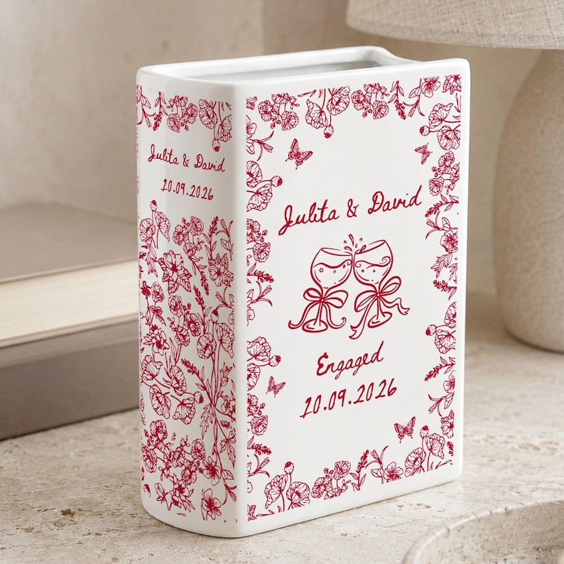 Personalized Engagement Ceramic Book Vase, Custom Toile De Jouy Couple Name Book Vase