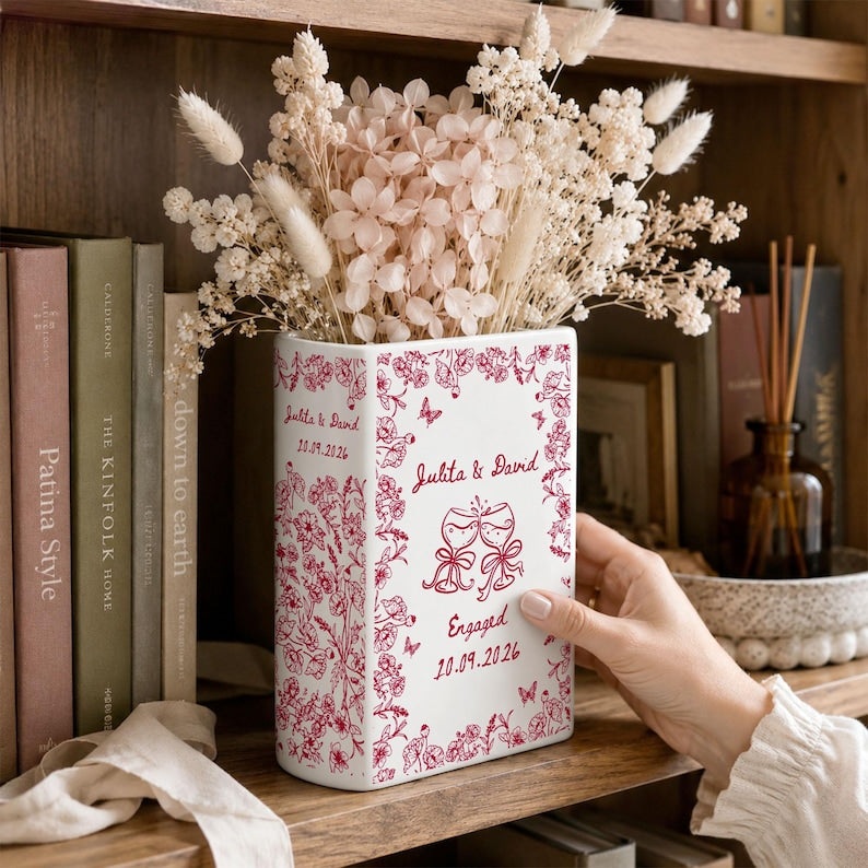 Personalized Engagement Ceramic Book Vase, Custom Toile De Jouy Couple Name Book Vase