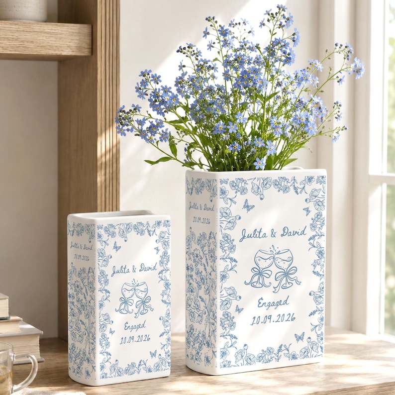 Personalized Engagement Ceramic Book Vase, Custom Toile De Jouy Couple Name Book Vase