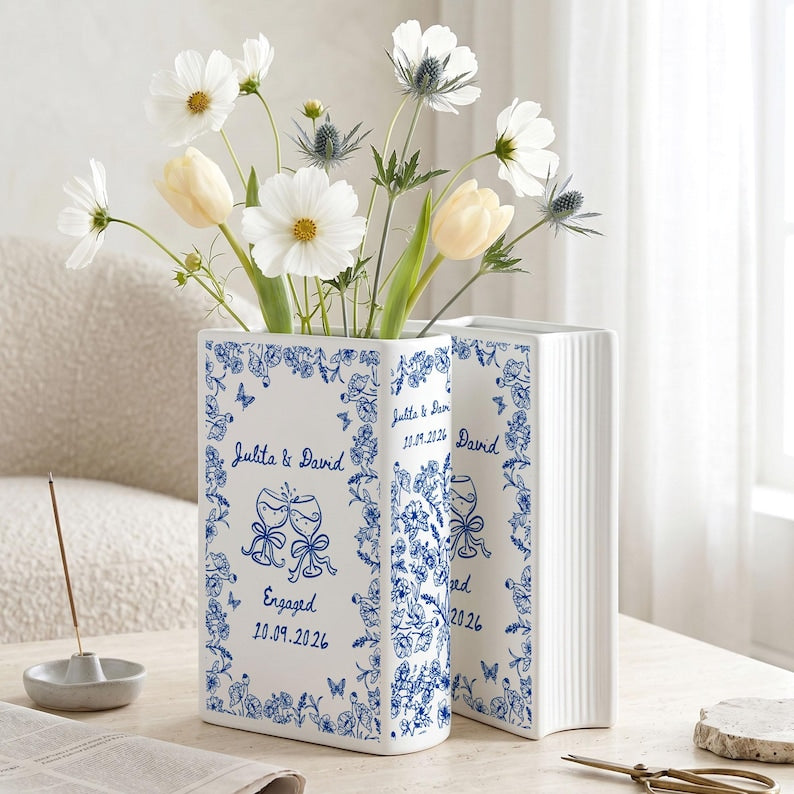 Personalized Engagement Ceramic Book Vase, Custom Toile De Jouy Couple Name Book Vase
