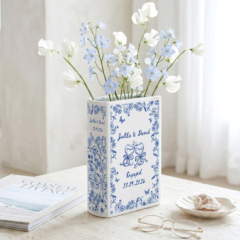 Personalized Engagement Ceramic Book Vase, Custom Toile De Jouy Couple Name Book Vase