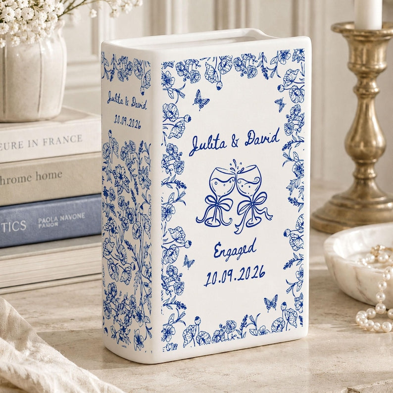 Personalized Engagement Ceramic Book Vase, Custom Toile De Jouy Couple Name Book Vase