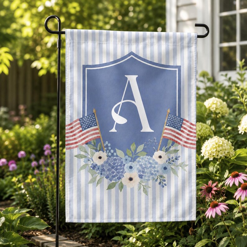 Personalized Monogram Patriotic Garden Flag, Custom Initial Blue Floral Yard Flag