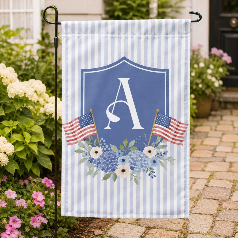 Personalized Monogram Patriotic Garden Flag, Custom Initial Blue Floral Yard Flag