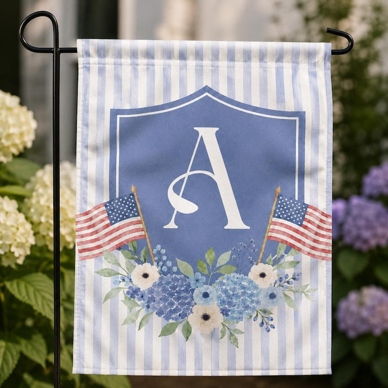 Personalized Monogram Patriotic Garden Flag, Custom Initial Blue Floral Yard Flag