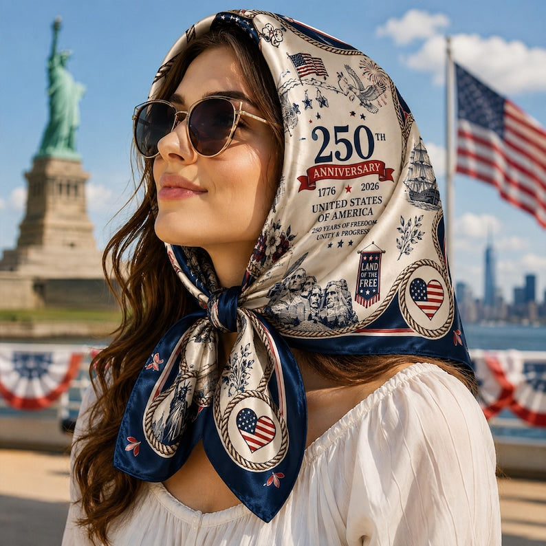 America 250 Satin Scarf, Fourth of July Patriotic Silk Scarf, 1776 2026 USA Scarf