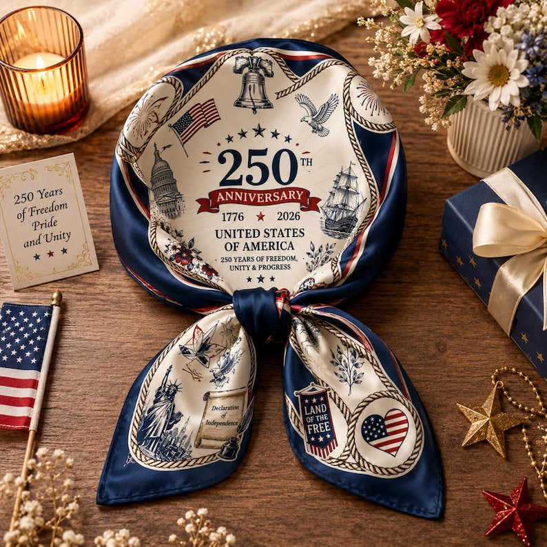 America 250 Satin Scarf, Fourth of July Patriotic Silk Scarf, 1776 2026 USA Scarf