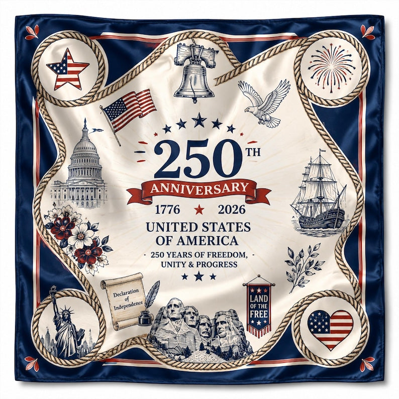 America 250 Satin Scarf, Fourth of July Patriotic Silk Scarf, 1776 2026 USA Scarf