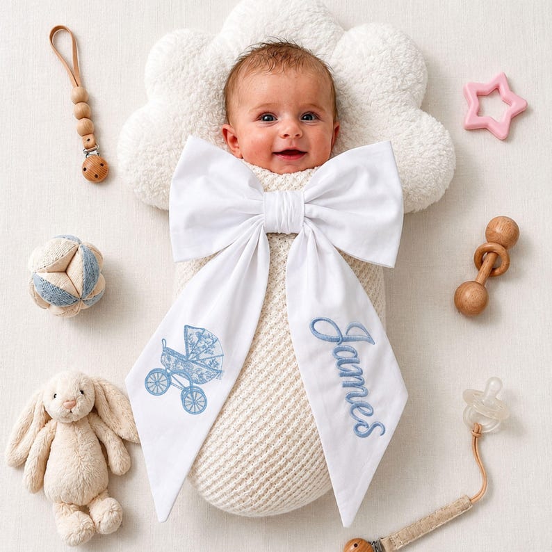 Monogrammed Pink Toile Baby Bow Sash, Newborn Photo Prop, Personalized Embroidered Newborn Bow Sash