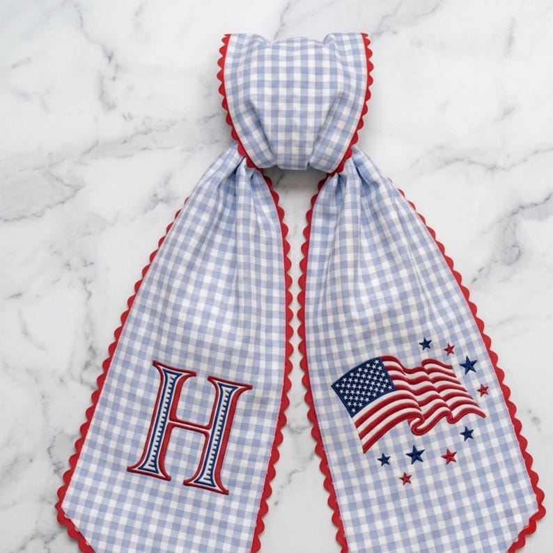 4th of July Red Gingham Wreath Sash, Embroidered Monogram, American Flag Door Decor