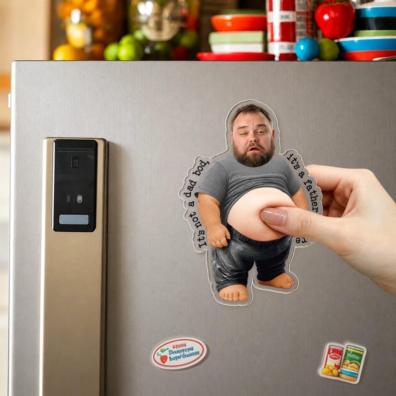 Personalized Dad Portrait From Photo Fridge Magnet, Funny Face Gift For Dad Bod