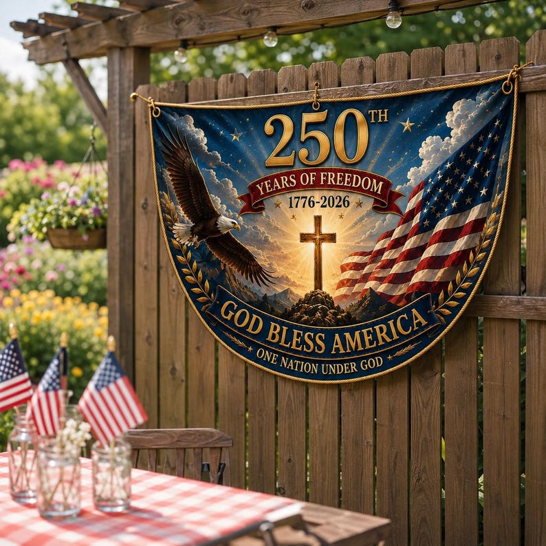 USA 250th Anniversary Patriotic Bunting Banner, America 1776–2026 Semicircle Fence Flag