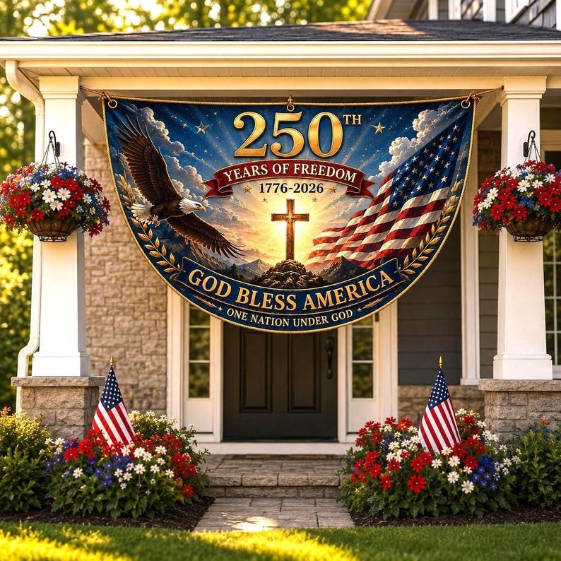 USA 250th Anniversary Patriotic Bunting Banner, America 1776–2026 Semicircle Fence Flag