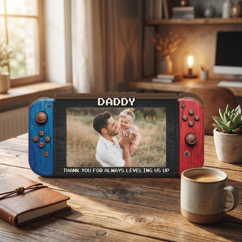 Custom Photo Dad 2D Flat Wooden Block, Personalized Fathers Day Gift for Gamer Dad