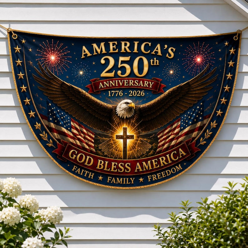 USA 250th Anniversary Patriotic Bunting Banner, Christian Freedom America 1776–2026 Semicircle Fence Flag