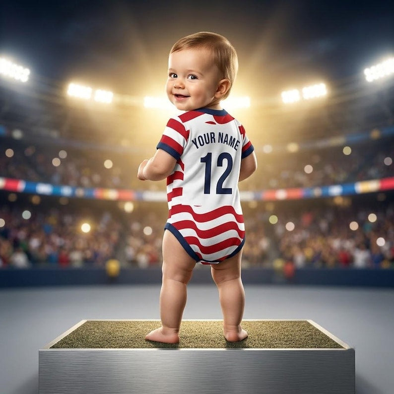 Personalized USA Flag Baby Bodysuit Custom Name & Number Gift