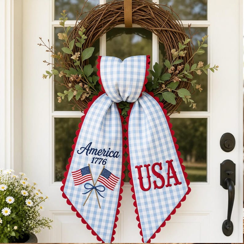 America 1776 Embroidered Bow Wreath Sash, Patriotic Sash For Front Door, Personalized Monogram Door Decor July 4th Porch Bow