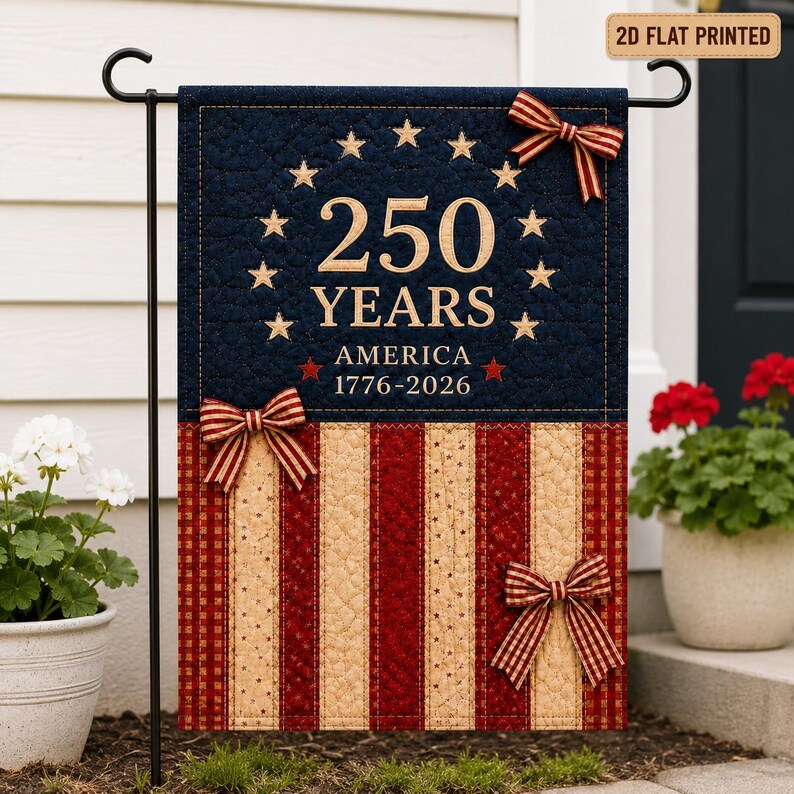 Patriotic 250 Years America Faux Patchwork Quilt Garden Flag, Independence Day Outdoor Banner