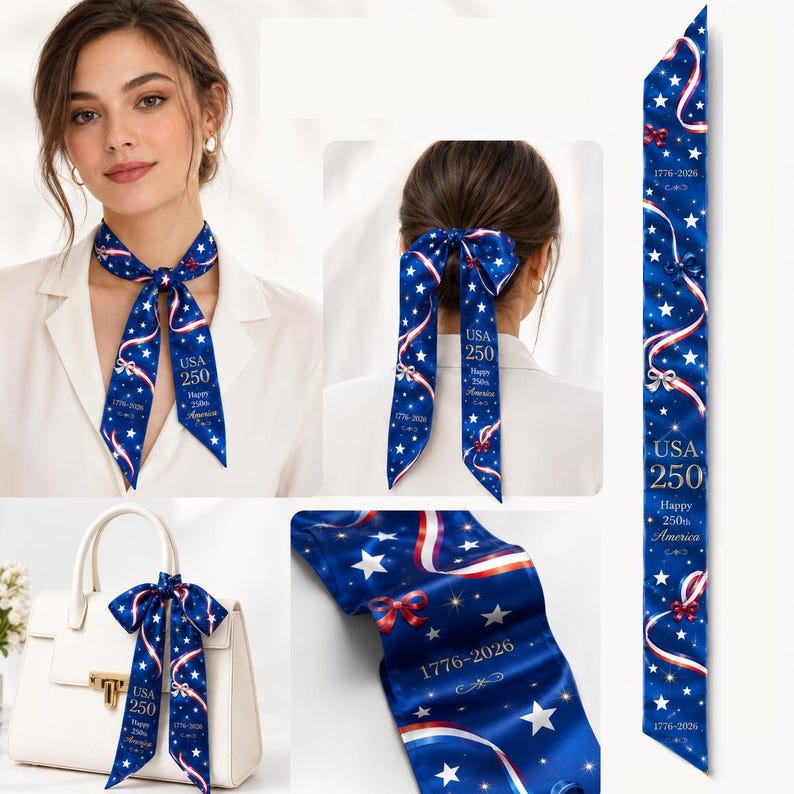 USA 250th Anniversary Silk Satin Hair Scarf, Semi-Quincentennial Eagle & Paisley Twilly,