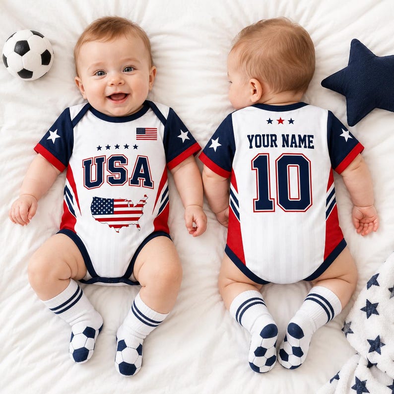 USA Baby Soccer Bodysuit, Custom Name Number American Flag Baby Romper