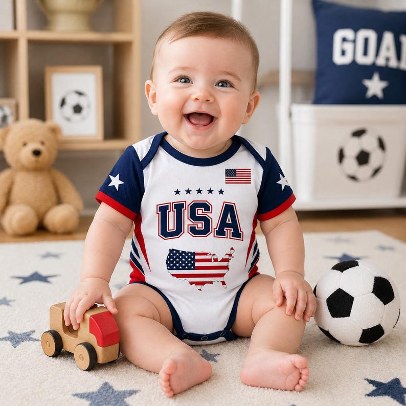 USA Baby Soccer Bodysuit, Custom Name Number American Flag Baby Romper