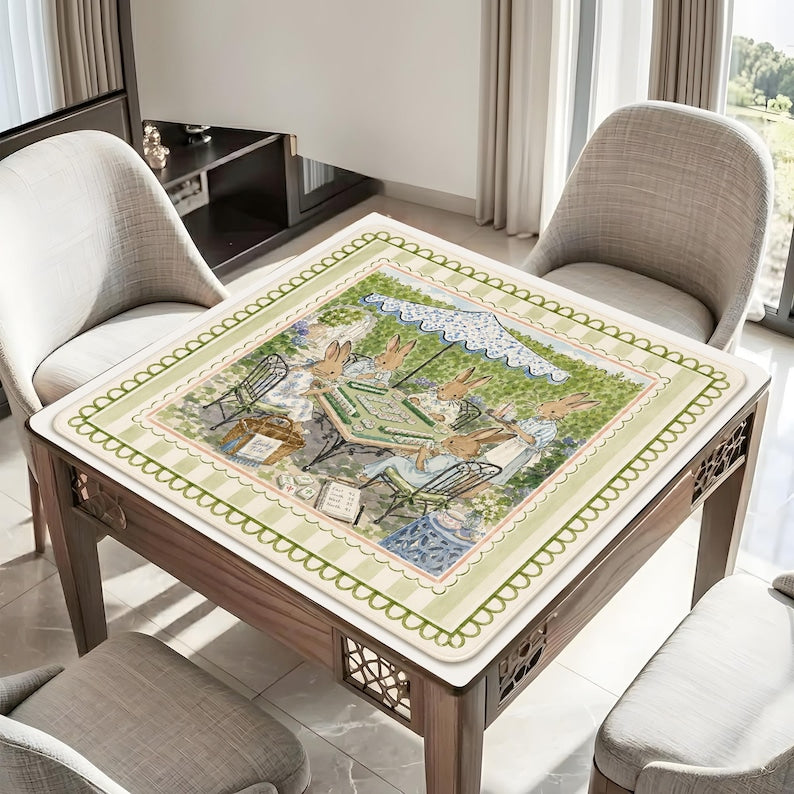 Bunny Mahjong Mat, Cottagecore Rabbit Garden Game Table Cover, Spring Party Decor
