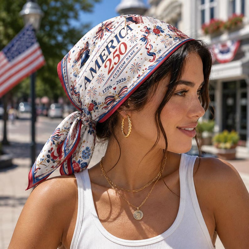 Personalized Name Bandana, Patriotic 1776 2026 Flag Bow Pattern Scarf, Soft Headwear for July 4 Vacation Accessory