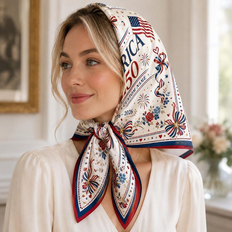 Personalized Name Bandana, Patriotic 1776 2026 Flag Bow Pattern Scarf, Soft Headwear for July 4 Vacation Accessory