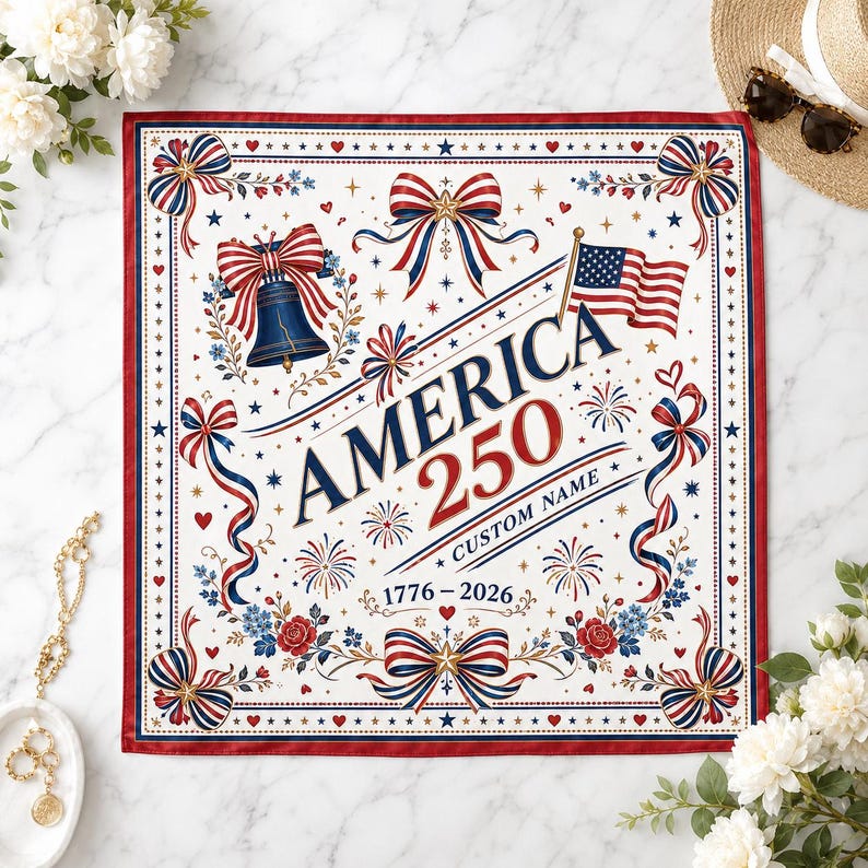 Personalized Name Bandana, Patriotic 1776 2026 Flag Bow Pattern Scarf, Soft Headwear for July 4 Vacation Accessory