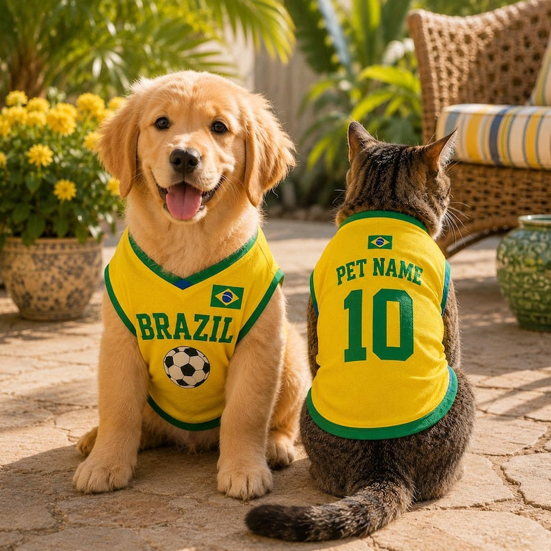 Personalized Brazil Dog Jersey, Custom Cat Football Shirt with Name Number