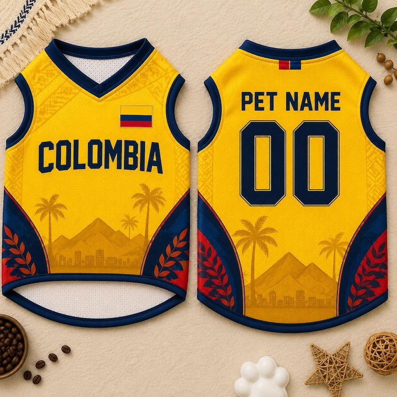 Personalized Colombia Pet Soccer Jersey, Custom Dog Football Shirt, Colombia Pet Jersey with Name & Number