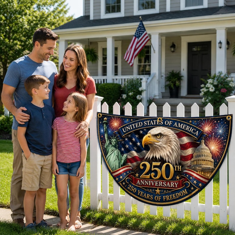 USA 250th Anniversary Patriotic Bunting Banner, Custom Family Name America 1776 2026 Semicircle Fence Flag