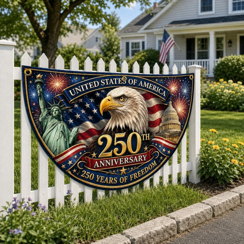 USA 250th Anniversary Patriotic Bunting Banner, Custom Family Name America 1776 2026 Semicircle Fence Flag
