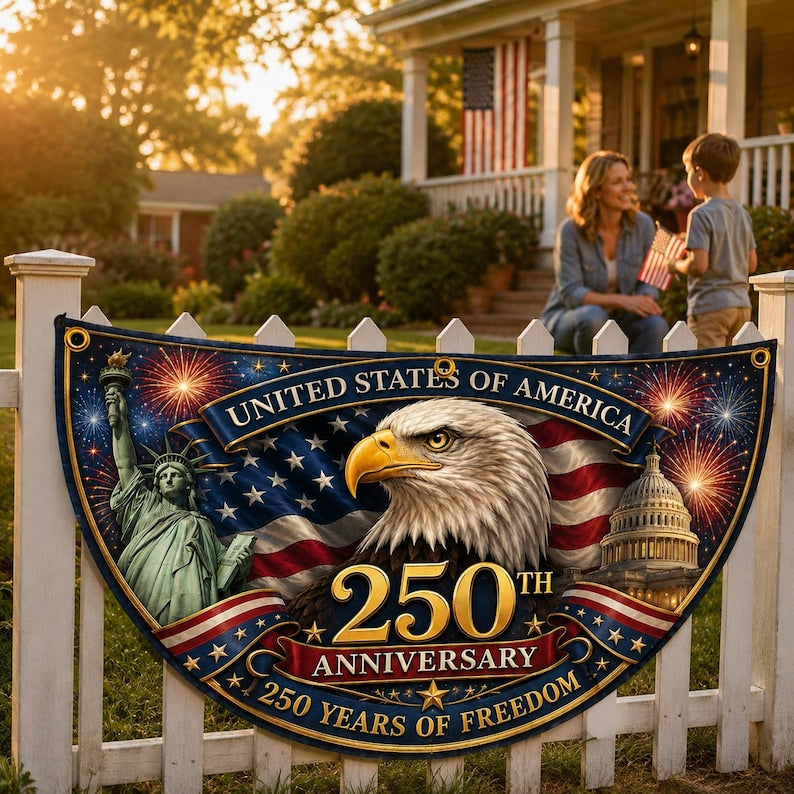 USA 250th Anniversary Patriotic Bunting Banner, Custom Family Name America 1776 2026 Semicircle Fence Flag